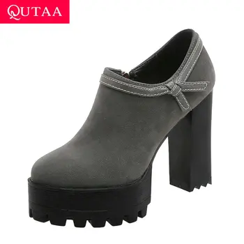 

QUTAA 2020 Round Toe Sewing PU Leather Platform Ladies Pumps Fashion Square High Heel Zipper Women Single Shoes Big Size 34-42