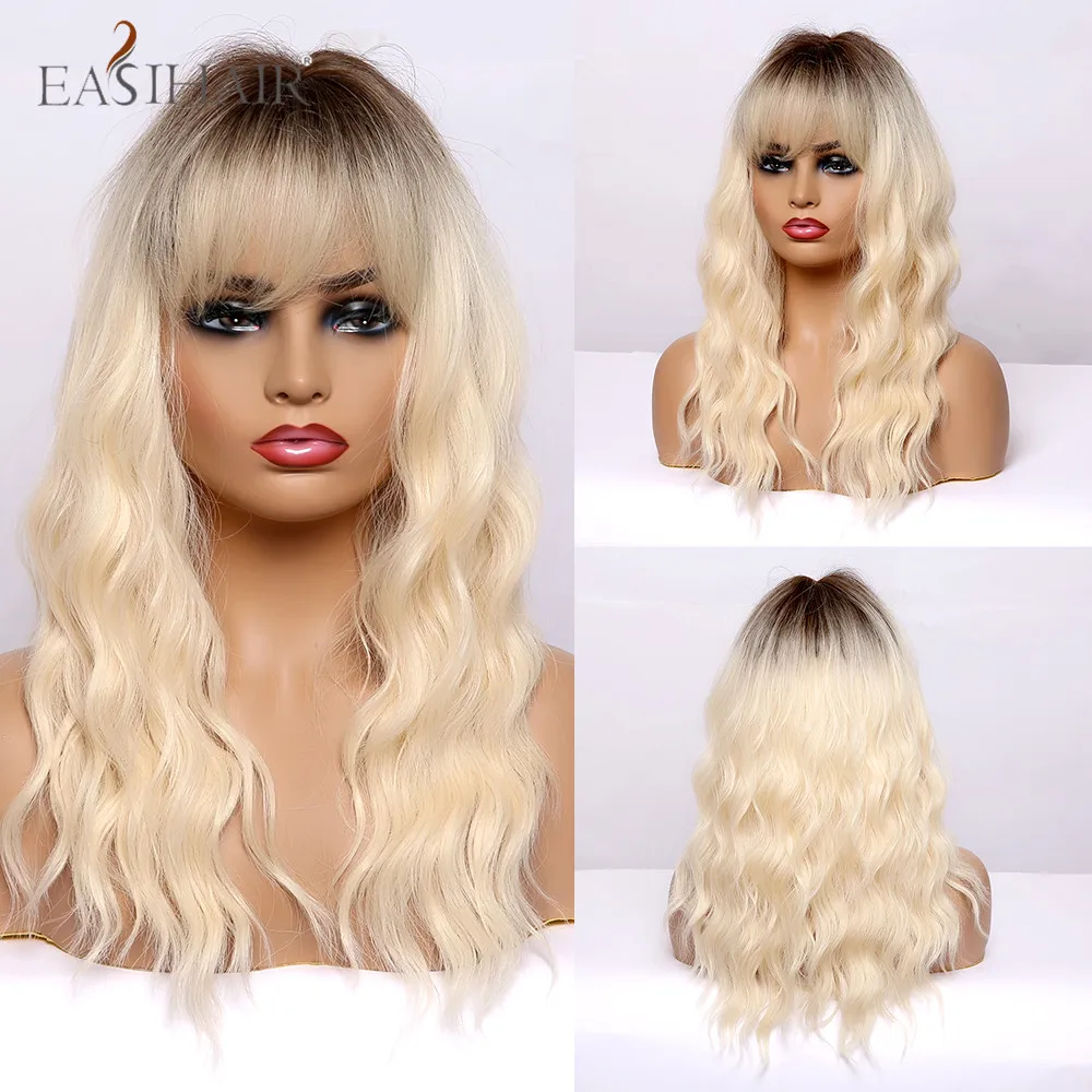 EASIHAIR Ombre Dark Brown Ash Blonde Medium Long Deep Wave Synthetic Hair Wigs with Bangs Heat Resistant for Black Women | Шиньоны и