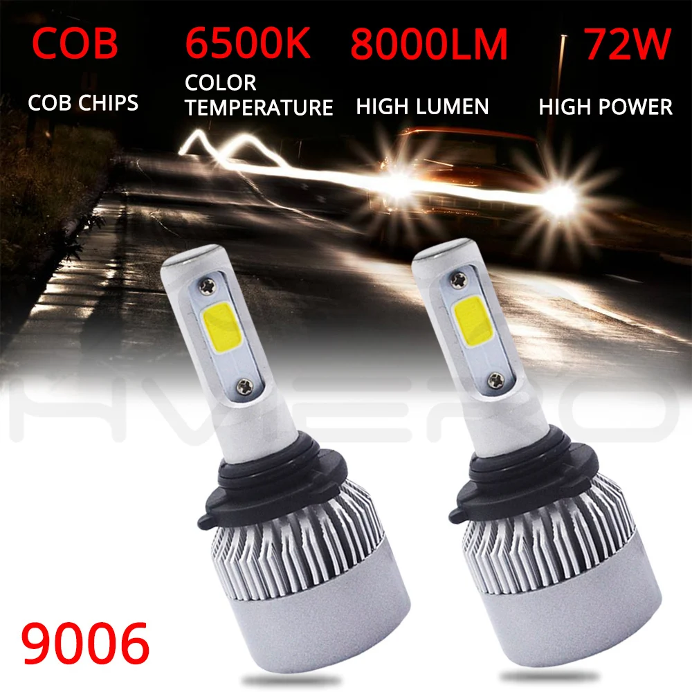 Hviero 2Pcs S2 9006 HB4 Cob Headlight WaterProof Car Bright Bulb Single Beam 72W 8000LM 6500K Automobile Headlamp White DC 12V 24V