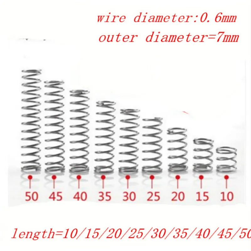 10pcs 0.6mm 0.6X7XL Stainless Steel compression spring. outer diameter 7mm length 5/10/15/20/25/30/35/40/45/50 | Обустройство дома