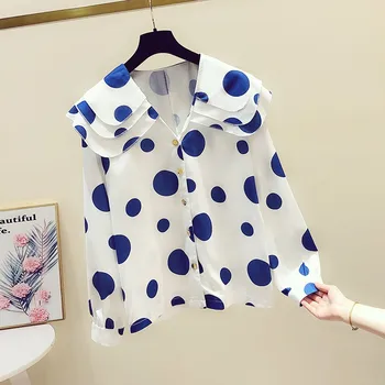 

Autumn 2019 New Korean Style Multilayer Peter Pan Collar Long Sleeve Blue Polka Dot Shirt Women's Chiffon Shirt Sweet,A323
