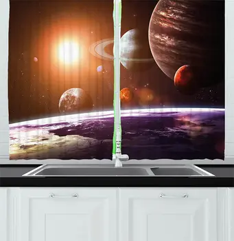 

Orange Purple Modern Kitchen Curtains Solar System Planets Outer Space Objects Sun Dark Matter Background Print for Kitchen