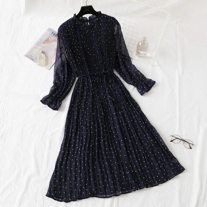 

Polka Dot Print Women Chiffon Pleated Dress Sweet Flare Sleeve Party Dresses Casual Loose Lady Office Midi Dress Vestidos Mujer