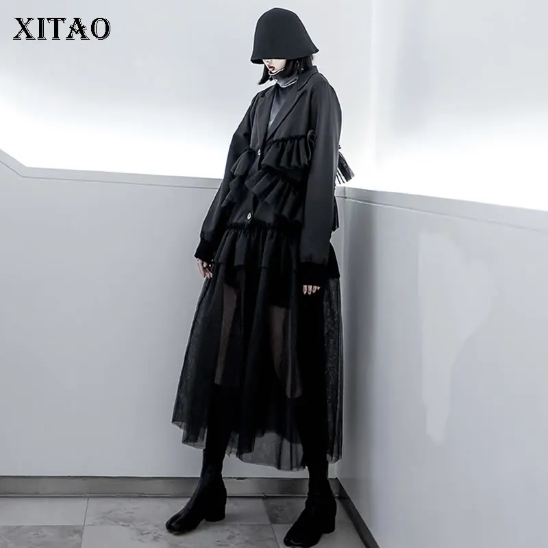 XITAO сетка Ультрамодная куртка женская одежда Лоскутная плиссированная одна грудь нерегулярные Ложные два предмета пальто для миноритета GCC2125