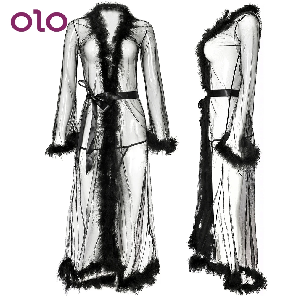 

OLO Sexy Feather Lingerie Robe Nightgown Sleepwear Sexy Long Lingerie Evening Gown With Feather Wedding Party Costumes