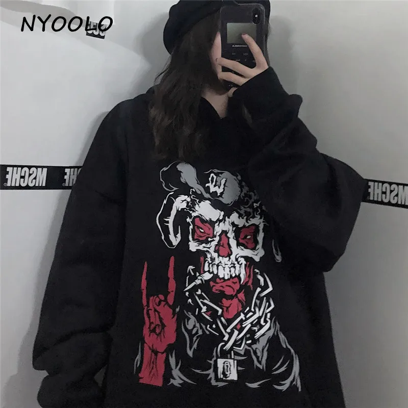 NYOOLO, Осень-зима, уличные, забавные, с принтом черепа, плотные, теплые толстовки, повседневные, свободные, плюс бархат, с капюшоном, пуловер, Толстовка для женщин и мужчин - Цвет: Черный