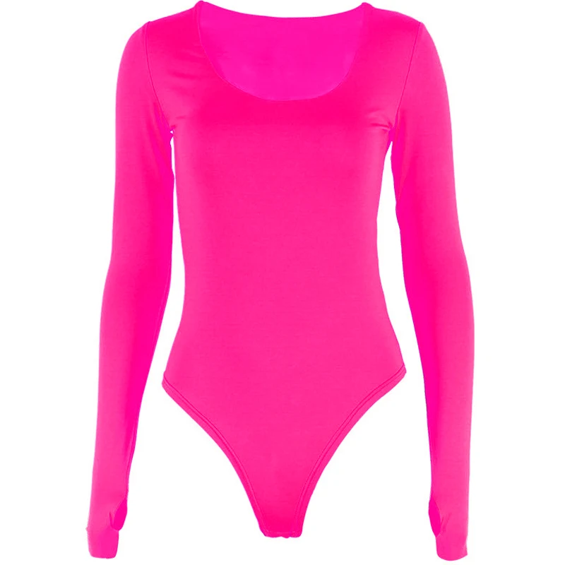 Hot Pink Aonibeier, сексуальный боди с u-образным вырезом, Женский Облегающий комбинезон, женский комбинезон, пляжный костюм, Осень-зима, Одноцветный, длинный рукав, женские боди - Цвет: Hot Pink