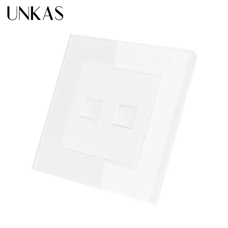 UNKAS белый роскошный кристалл стеклянная панель двойной RJ45 Интернет данных компьютерный разъем CAT5E Разъем розетки