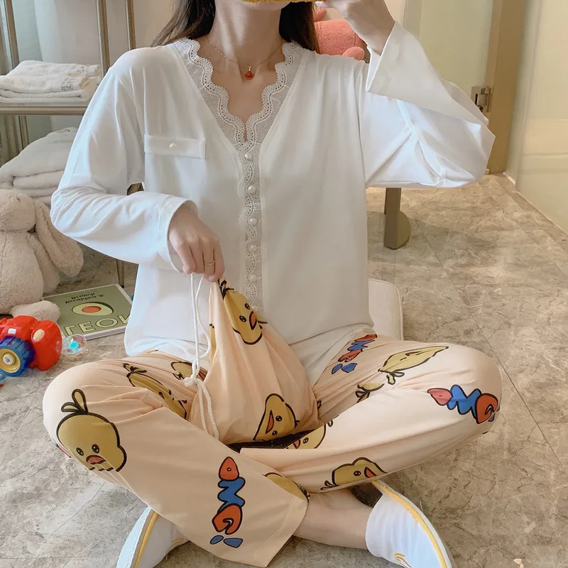 

Pajamas Women's Spring And Autumn Long Sleeve Korean-style Students Cardigan Small Yellow Duck Two-Piece Set Sweet Thin-Outer We