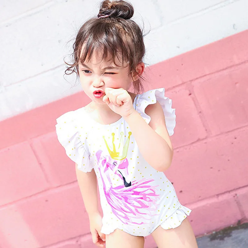 ImCute/Коллекция года; брендовая одежда для детей; Купальник для девочек в горошек с оборками и изображением фламинго; бикини; 1 шт.; одежда для купания; От 2 месяцев до 6 лет; детский купальник для маленьких девочек