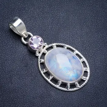 

Natural Rainbow Moonstone and Amethyst Handmade Boho 925 Sterling Silver Pendant 1.75" Y5126