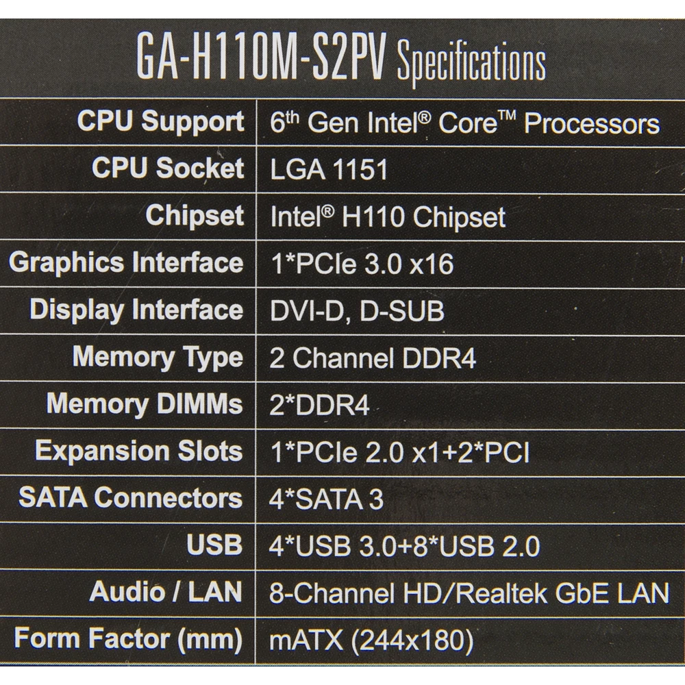 Материнская плата Gigabyte GA-H110M-S2PV Soc-1151 Intel H110 2xDDR4 mATX AC`97 8ch(7.1) GbLAN+VGA+DV