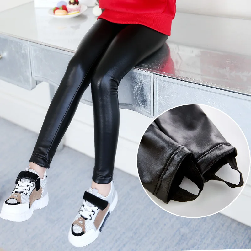 

Girl'S Leggings Autumn And Winter Solid Color plus Velvet PC Leather Elasticity Versatile Children Leather Pants Big Boy CHILDRE