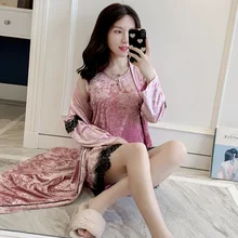 Fiklyc Осень-Зима сексуальная ночная сорочка на бретельках ночная рубашка женская бархатная Пижама со стразами