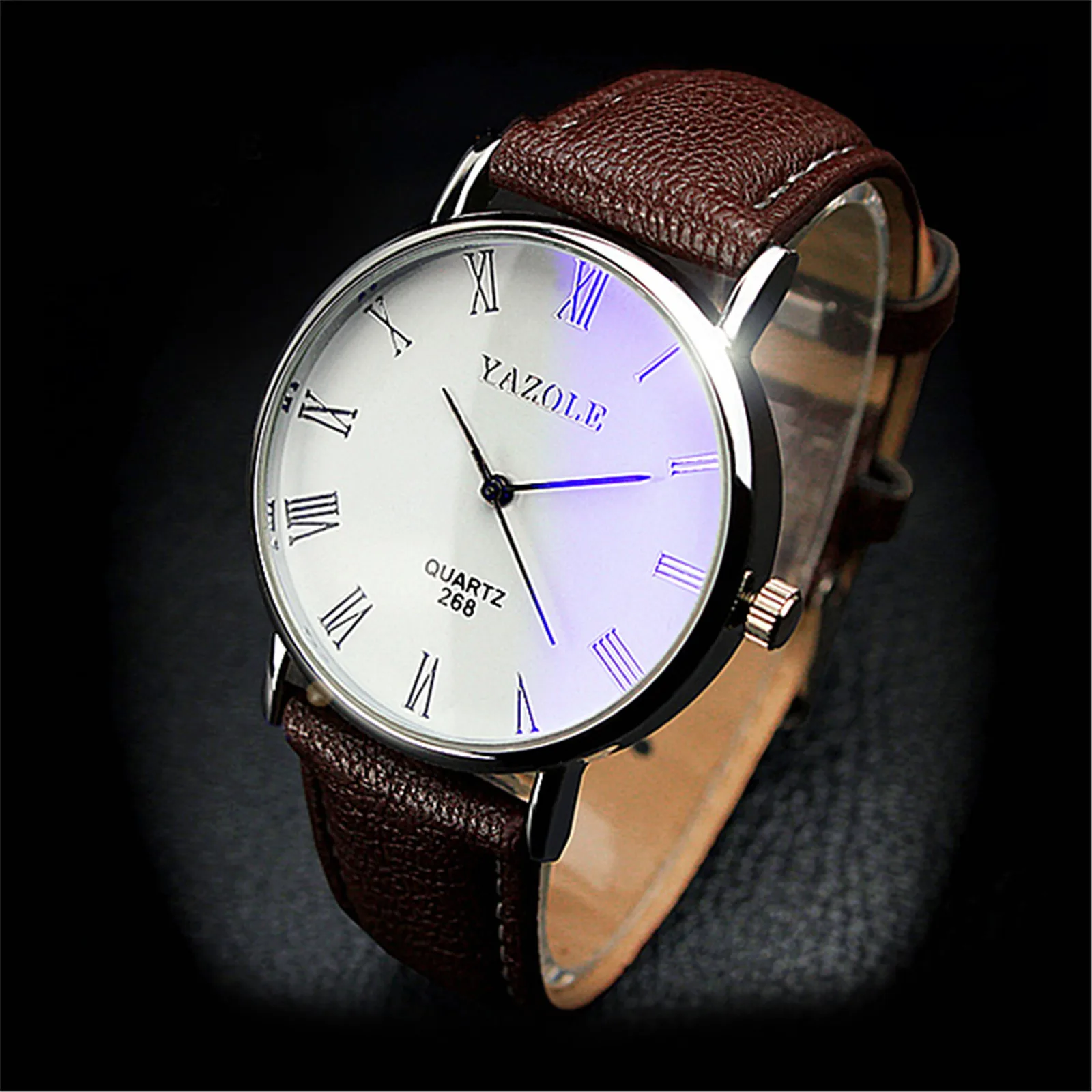Mens Blu-ray Roman Numerals Quartz Analog Wrist Watch Black Band Black Dial Faux Leather Band Men Watches Digital Montre Homme
