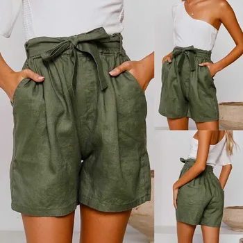 

Women Summer High Waist Casual Shorts Pure Color Cotton Linen Loose Hot Pants Lady Pocket Home Shorts Trousers Plus Size