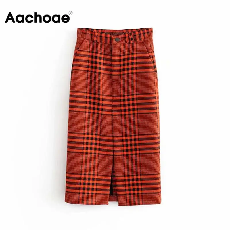 Online Falda Vintage de cintura alta con estampado a cuadros para Mujer Faldas a la moda con abertura frontal para mujer Falda Midi elegante para mujer