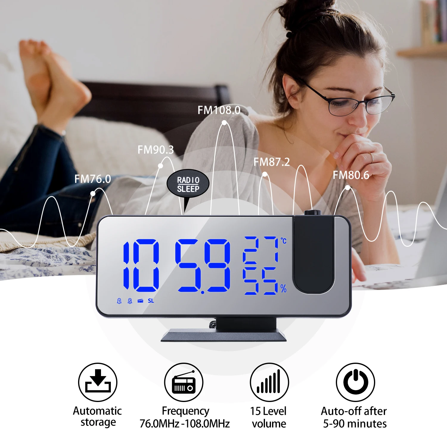 

LED Digital Alarm Clock Watch Table Electronic Desktop Clocks USB Wake Up FM Radio Time Projector Snooze Function 2 Alarm