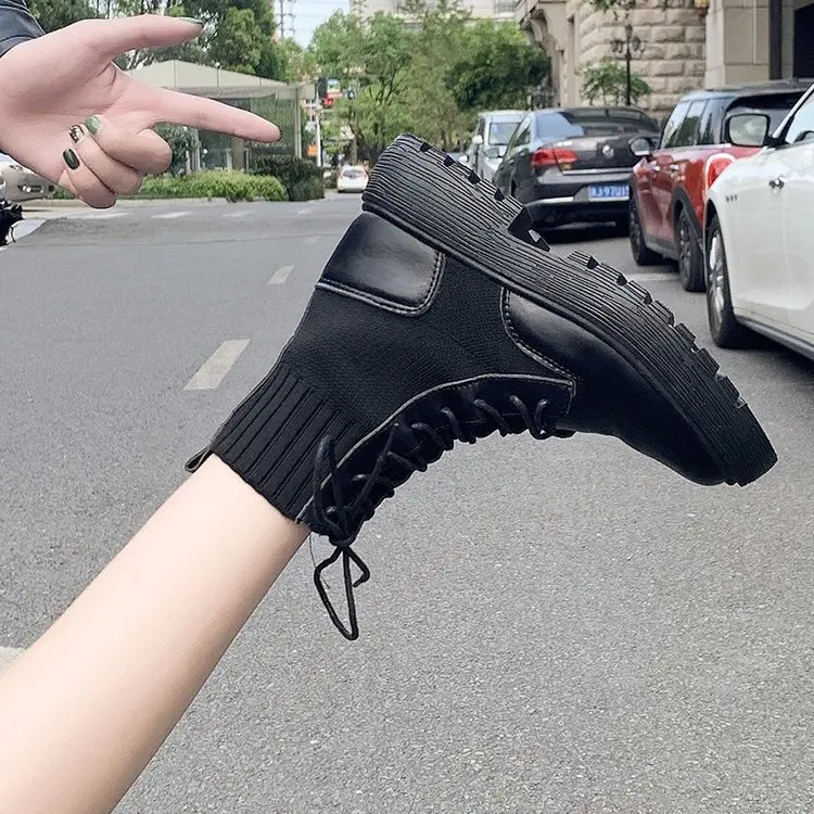 

Black And White with Pattern Martin Boots Women's Breathable Boots 2019 Autumn New Style Versatile British Style Handsome Motorc