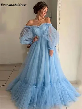 

Chic Light Sky Blue Evening Dresses Long Sleeves Appliques Lace-Up Back Puffy Ball Gown Formal Prom Party Dresses Robes Soriee