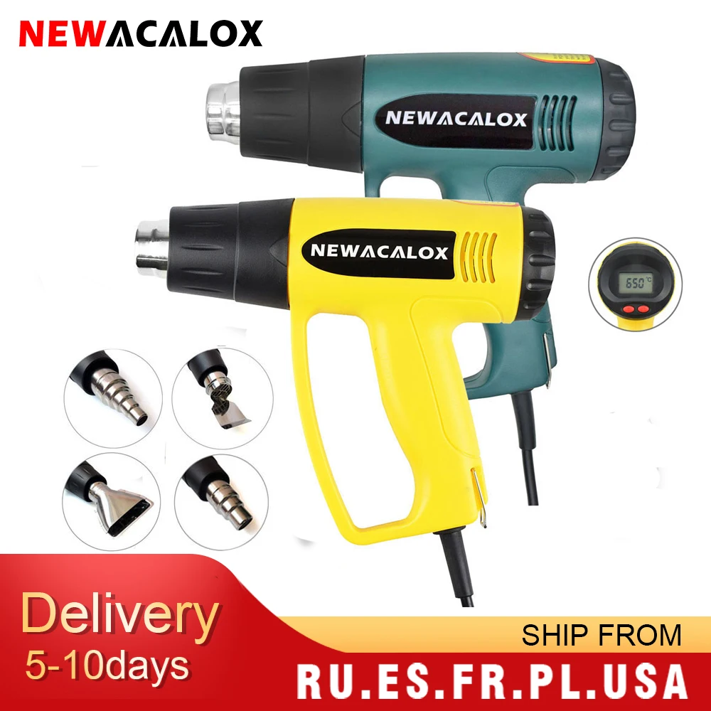 NEWACALOX 2000W 220V EU Plug Industrial Electric Hot Air Gun Thermoregulator LCD Heat Guns Shrink Wrapping Thermal Heater Nozzle