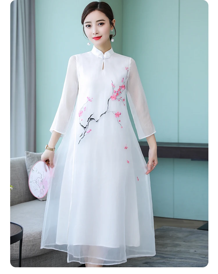 Летний Стиль Китайский этнический стиль улучшенное Cheongsam ретро вышивка диск кнопки элегантное платье для женщин