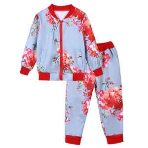 Gray Модный комплект одежды с цветочным принтом, детский хлопковый комплект из 2 предметов с длинными рукавами, куртка на молнии+ штаны с цветочным принтом, костюм Одежда для маленьких девочек - Цвет: Gray
