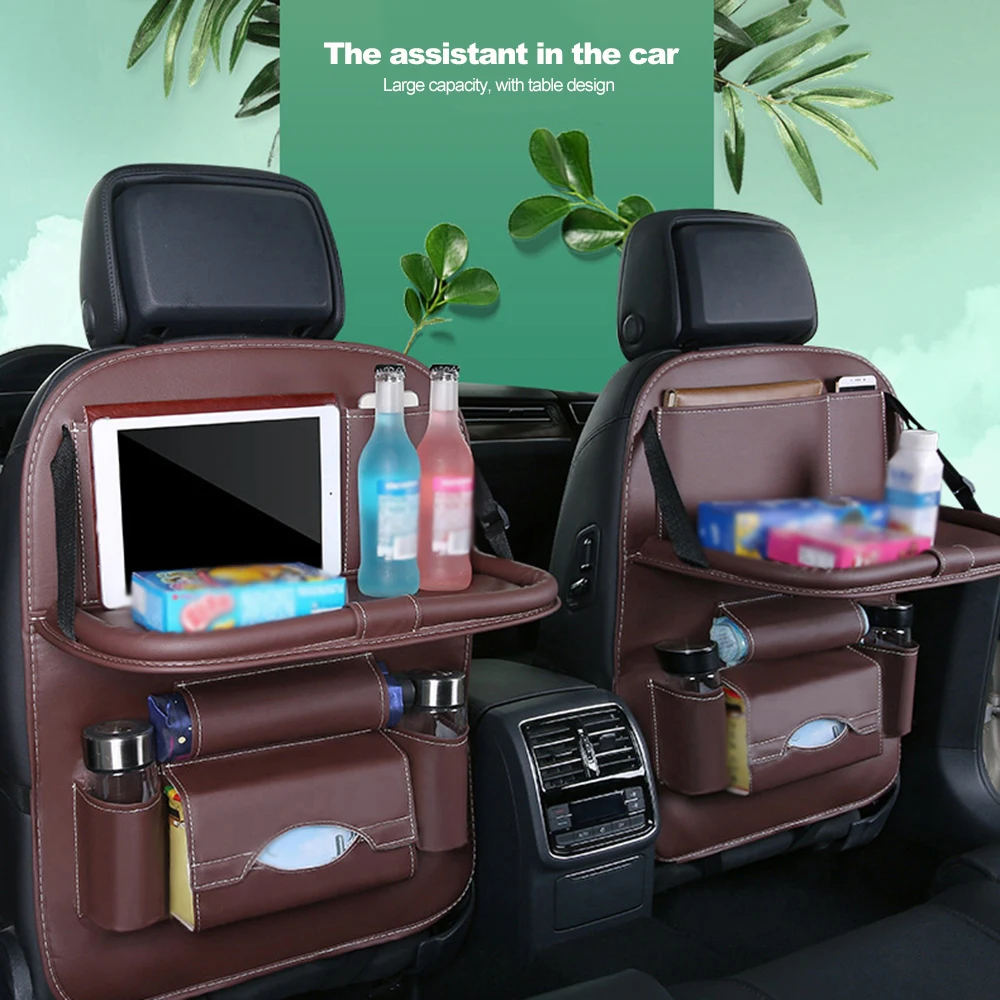 Car Accessories Universal Car Seat Back Organizer Leather Holder Car Trunk Bag Folding Table Pad Chair Auto Storage Pocket Box