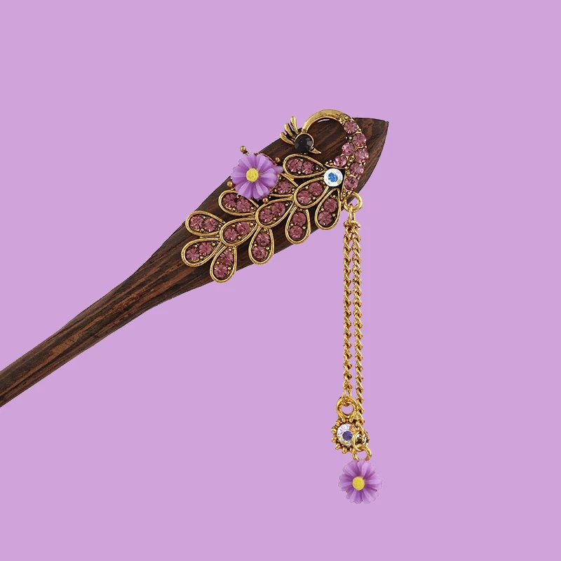 Хрустальный горный хрусталь птица деревянная заколка для волос женская заколка с кисточкой из металлических цепочек цветок аксессуар для волос модные украшения - Окраска металла: purple
