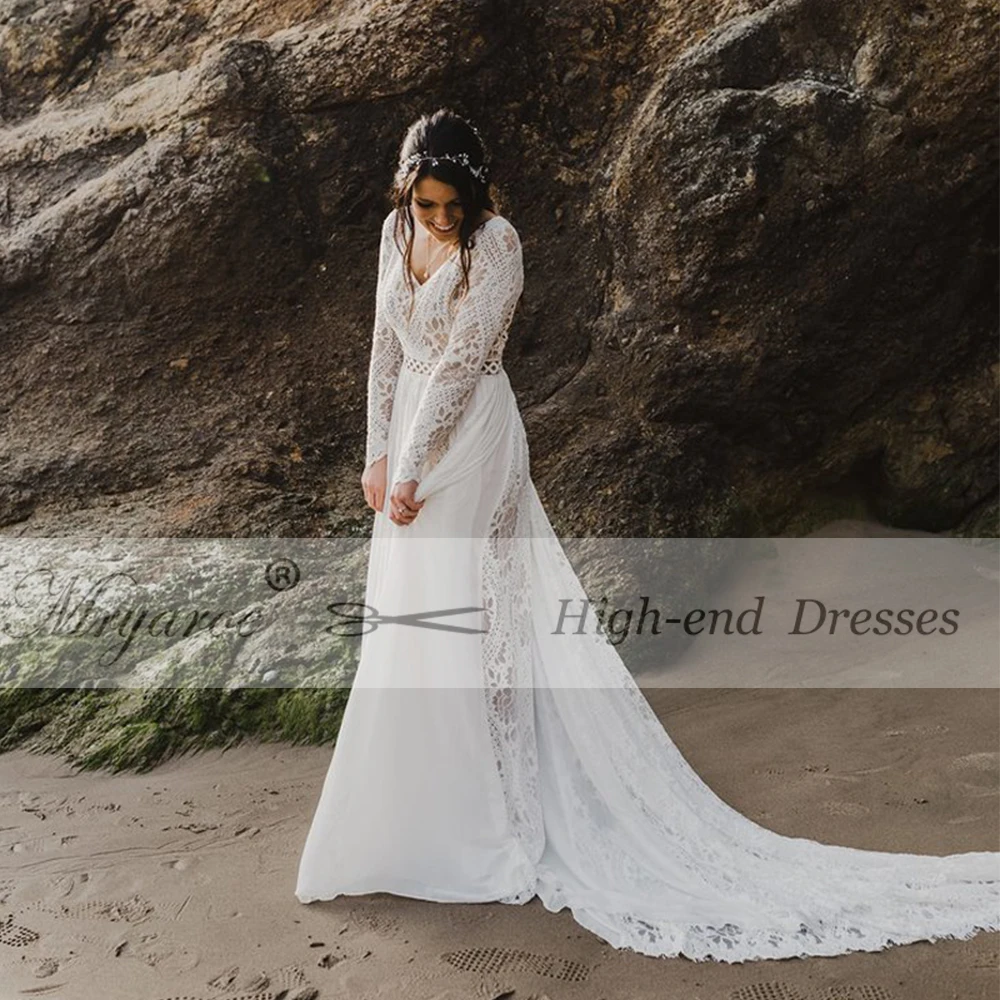 Mryarce Boho Chic Long Sleeve Modest Wedding Dress Lace Chiffon Unique Bridal Gowns Winter Wedding  (1)