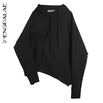 

SHENGPALAE 2020 Spring New Arrival Design Hooded Full Sleeves Irregular Split Joint Pullover Black Women Sweatshirt Tide 5D262