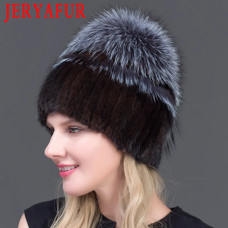BROWN JERYAFUR женская меховая шапка зимняя из натуральной норки меховые шапочки с серебряным лисьим мехом помпоны Топ шапочки горячая Распродажа Россия меховая шапка - Цвет: BROWN