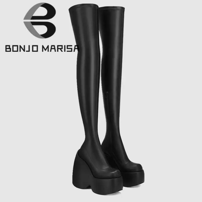 BONJOMARISA New Brand Punk Platform Goth High Wedges Long Thigh High Boots Women Stretch Cool Over The Knee women's Boots 