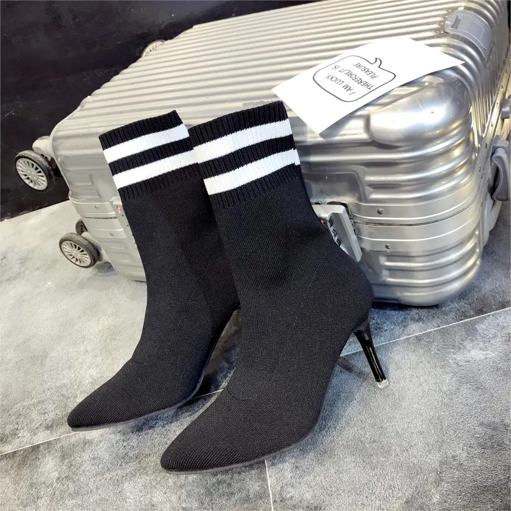 

Fashion Elastic Boots Women High Heel Boots 2019 Autumn Winter New Thin Heels Pointed Toe Mid Boots Woman Party Bootie Femme