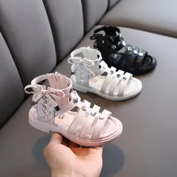 

Summer New Girls Sandals Fashion Solid Color Cut-outs Roman Shoes Baby Leather Shoes Princess Flat Mid-top Performance Sandals