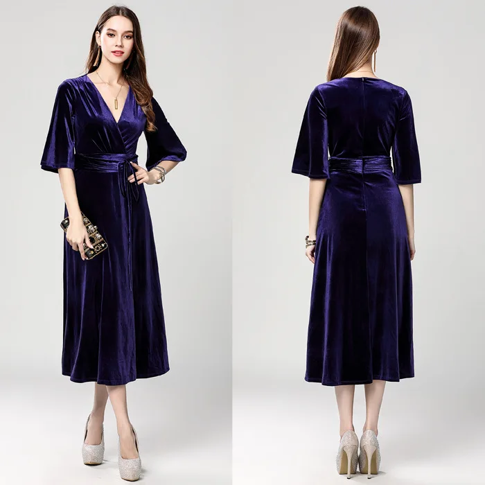 

Dk387 Fashion Velvet V-neck Half-sleeve Shirt Lace-up Short Glorious Elegant Slim Fit Banquet Dress Slimming Annual General Meet