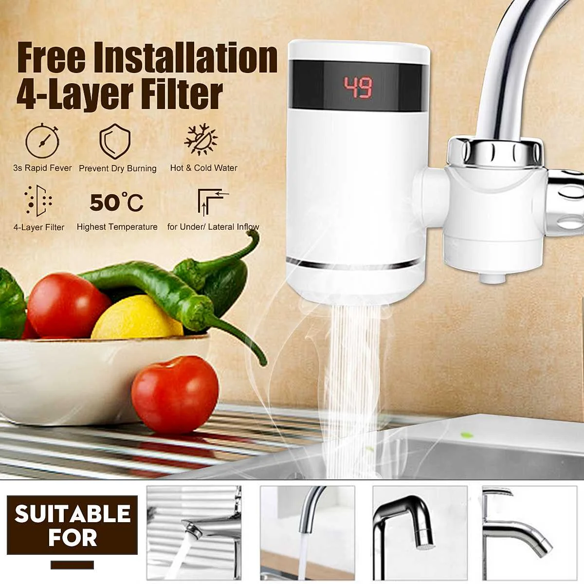 

New Electric Kitchen Water Heater Tap Instant Hot Water Faucet LED Intelligent Digital Display Cold Water Faucet Home Bathroom