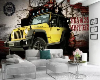 

3d Wallpaper Yellow Jeep Coming Through the Wall Home Decor Living Room Bedroom Wallcovering HD Wallpaper