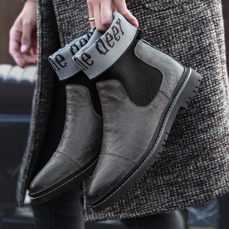 

2019 Autumn And Winter New Style Men Martin Boots Korean-style Fashion Socks Foot Covering Casual Business Small Leather Shoes L