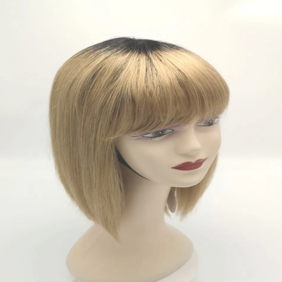 XMH Ombre Blonde Human Hair Wig with Bangs Strawberry Blonde Wigs with Natural Black Root 1B/27 Two Toned Wigs for Women 14-20