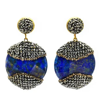 

FYJS Unique Light Yellow Gold Color Round Lapis Lazuli Stud Earrings with Rhinestone Inspiration Jewelry