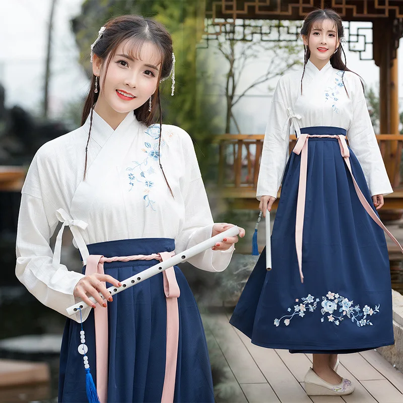 

2019 New Style Photo Shoot Autumn Clothing Traditional Chinese Clothing Daily Life Cross Collar Jacket Skirt Waist-Blue And Whit