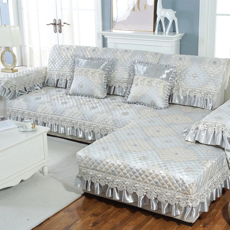 1 Piece European Classic Style Embroidered Fabric With Lace Thicken Non-slip Sofa Cover Universal Sofa For Sectional Sofa