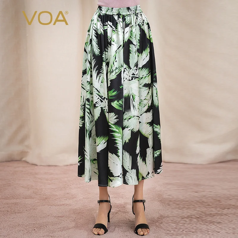 

VOA 28mm Important Bright Surface Silk Feather Printed Elastic Waist Hugging Micro Elastic Crisp Loose Casual Pleated Skirt C678