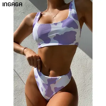 

INGAGA High Waist Bikini Set 2020 Swimsuits Swimwear Women High Cut Biquini Beachwear Cow Printing Bathing Suit Women Bikinis