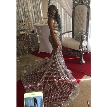 

Sexy See Through Evening Dress Sleeveless Sequins Lace Mermaid Long Prom Gown
