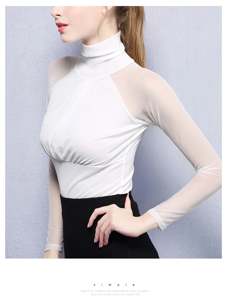 Duckwaver Women's Mesh Turtleneck Tops Solid Color Black Casual Shirt Tees Female Long-Sleeved Slim T-Shirt Top Basic Clothes