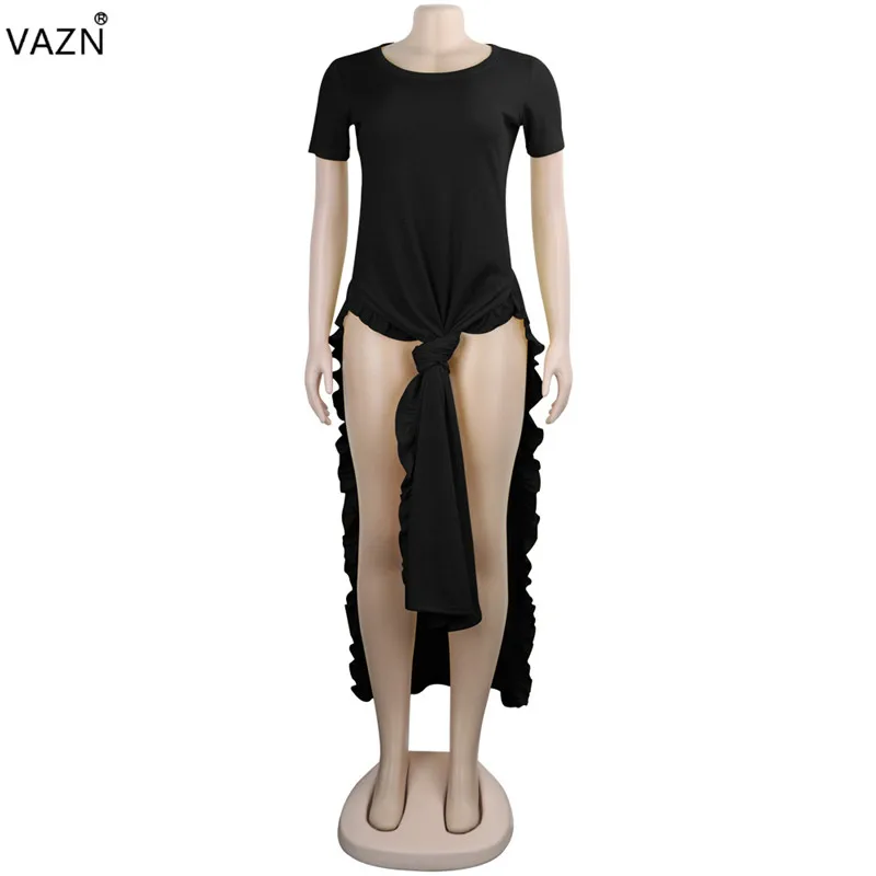VAZN Новинка для отдыха, сексуальный стиль, женские футболки, однотонные, короткий рукав, круглый вырез, полые, для взрослых, высокие, уличные, x-длинные футболки, WNY8792 - Цвет: Черный