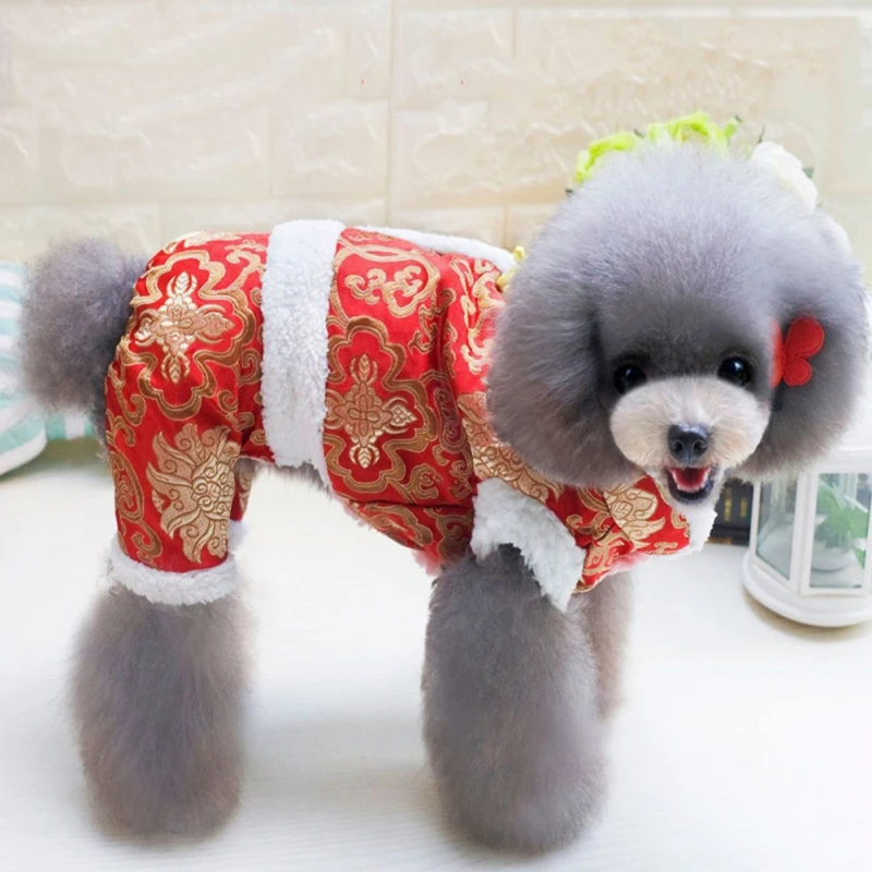 Костюм для собак в китайском стиле; зимняя одежда для собак из плотного флиса и шелка; зимние теплые комбинезоны с домашними животными; пальто для маленьких и средних собак; чихуахуа