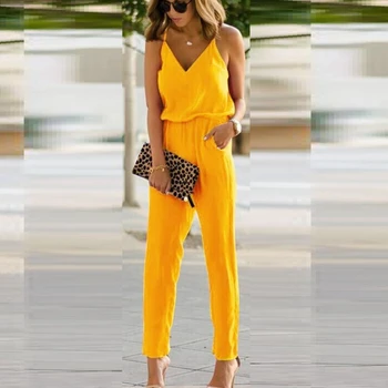 

Women Sleeveless Solid Loose Suspender Strap Wide Leg Jumpsuit Overalls Rompers